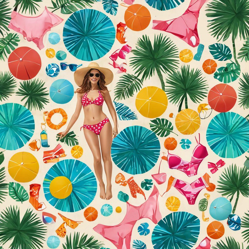 A vibrant collage showcasing various swimwear styles, including bikinis, one-pieces, and cover-ups, placed against a backdrop of sunny beach scenes and cozy boudoirs. Incorporate elements like palm trees, beach balls, and chic indoor decorations to represent summer adventures. Use bright, cheerful colors to evoke a sense of fun and relaxation. 3D style. vibrant colors. summer theme.